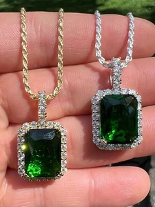 Mens Hip Hop Iced Green Simulated Emerald CZ Pendant Necklace Silver/Gold Plated - Picture 1 of 14