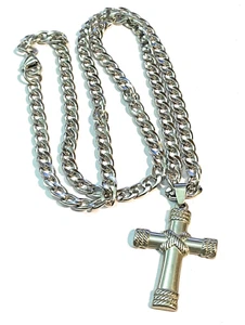 Collana rosario con croce in acciaio inox da uomo catenina catena 70 cm rap - Foto 1 di 5