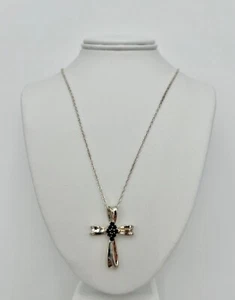 Vtg Sterling Silver Sapphire Cross Pendant w/ 18" Chain, 9 Deep Blue Sapphires - Picture 1 of 8