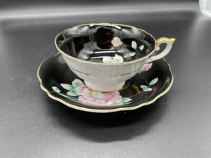 Regina Bone China Floral Rose Black & Pink Tea Cup & Saucer Occupied Japan 1950s - Picture 1 of 16