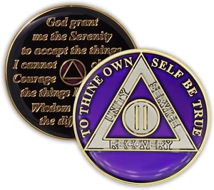 2 Year Sobriety Coin | Triplate AA Chip Recovery Anniversary Token (Purple) - Picture 1 of 12