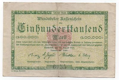 GERMANY WANDSBEKER 100.000 MARK 1923 EMERGENCY MONEY NOTGELD LOOK SCANS - Image 1 of 2
