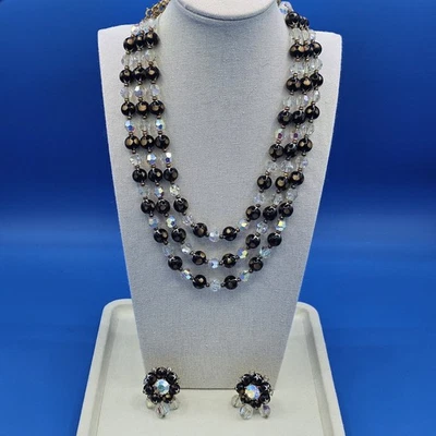 Vintage Emmons Book Cover Set Triple Necklace, Clip Earrings, Crystal - Image 1 of 4