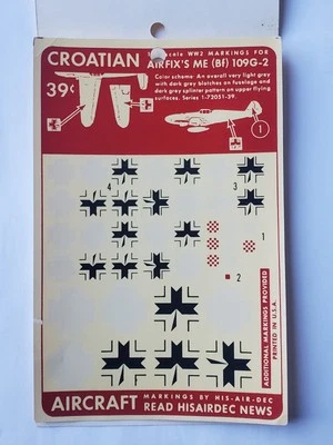1/72 His-Air-Dec Bf 109G-2 CROATIAN AIR FORCE NATIONAL INSIGNIA Airfix Decal Set - Image 1 of 3