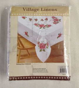 Village Linens Stamped Cross-Stitch Kit -Tablecloth 60 x 104, Napkins, Roses NEW - Picture 1 of 3