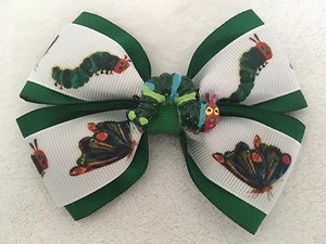 Girls Hair Bow 4" Wide Very Hungry Caterpillar Green Grosgrain Alligator Clip - Picture 1 of 3