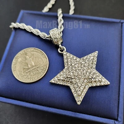 Colgante Hip Hop Estrella Circonita Cúbica Helada Chapado en Oro y Collar Cadena Cuerda 24" Foto 1 de 2