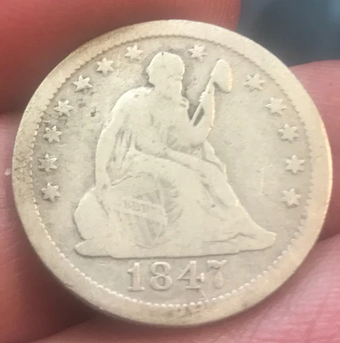 1847- o. seated Liberty half quarter, VG , scarce date Cover