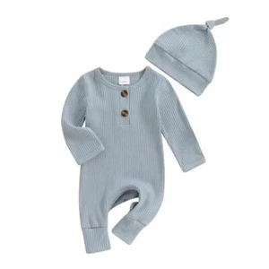 Infant Boys Girls Clothes Set Baby Romper Hat Ribbed Knit Newborn Grey-blue - Picture 1 of 8