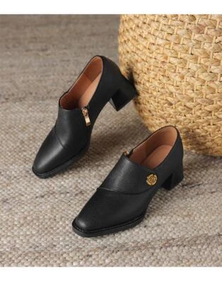 Womens Formal Leather Pump Elegant Casual Work Classic Comfort Chunky Heel Shoes - Image 1 of 4