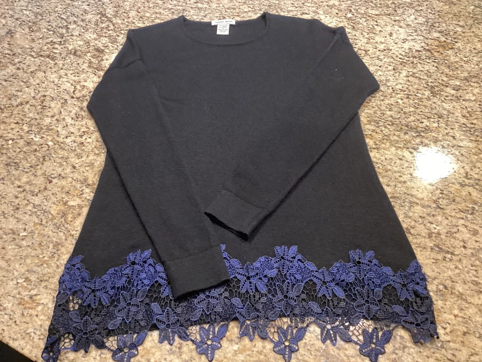 Suéter Diseño Vertical Encaje Dobladillo Manga Larga Mezcla Lana Marino Negro Talla Pequeña Foto 1 de 3