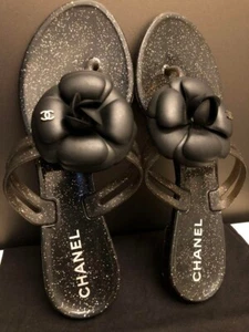 CHANEL COCO MARK Camellia Thong Sandals Mules Shoes Women EU 36 Black Glitter - Picture 1 of 10