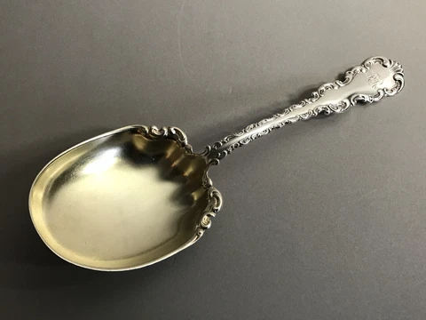 Antique WHITING STERLING SILVER  Lg Berry Spoon Louis XV 1891 Gold Wash Bowl Cover