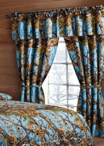 Light Powder Blue Licensed WOODS Camo 5-pc Curtain Set Camouflage - Picture 1 of 2