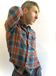 WRANGLER Shirt SMALL 35-36" Chest Slim Blue/Red Plaid Check Snap Fastener Cotton - Picture 1 of 17