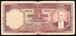 Turkey 500 Lira 1953 P-170 F seri D6 - Imagen 1 de 2