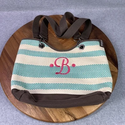 Thirty-One Paper Tote Bag Womens Teal White Striped Brown Monogram B Shoulder - Image 1 of 4