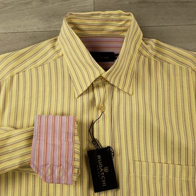 Bugatchi Uomo Flip Cuff Shirt Mens Size Medium Lemonade Striped Long Sleeve NEW - Image 1 of 4