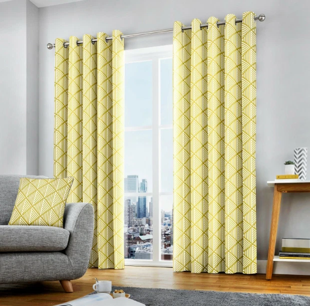 BROOKLYN Ochre Yellow Geometric Lined Eyelet Curtains by Fusion - 46x72" NEW - Image 1 of 1