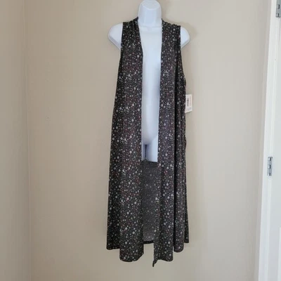 NWT Lularoe Long Open Front Joy Duster Vest Charcoal Gray Floral Women’s Size XL - Image 1 of 4