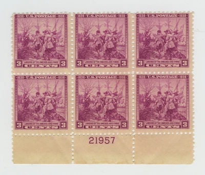 US 3c Cents Plate Block of 6 Stamps "Landing of Swedes and Finns" (Scott # 836) - Image 1 of 2