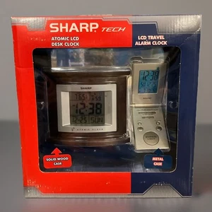 Sharp Tech Atomic LCD Desk Clock & LCD Travel Alarm Clock SPC323 NIB Dark Wood - Picture 1 of 8