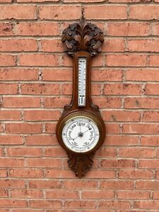 Antique Large Edwardian Quality Carved Oak Aneroid Barometer - Superb