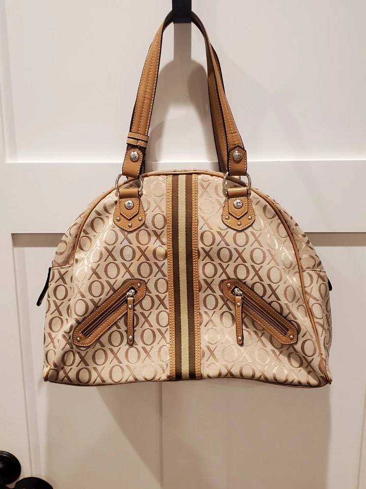 XOXO Womens Handbag K2K Purse Tan Cream Brown Large Logo Tote Bag Bowling Style  - Image 1 of 4
