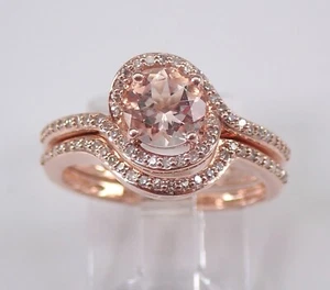 Anillo de compromiso con halo de diamantes y morganita conjunto de alianza de boda oro rosa talla 7 - Imagen 1 de 6