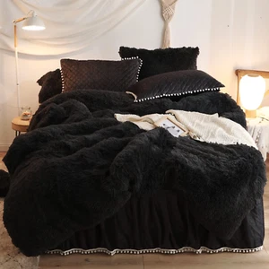 Plush Shaggy Duvet Cover Set,Comforter Sets 3 Pieces 1 Faux Queen Black - Picture 1 of 9