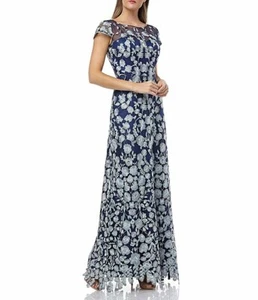 JS COLLECTIONS Navy Silver Mint Floral Embroidered Lace Mesh Maxi Gown 16 = XL - Picture 1 of 4