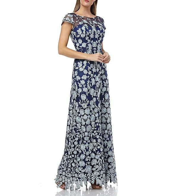 JS COLLECTIONS Navy Silver Mint Floral Embroidered Lace Mesh Maxi Gown 16 = XL - Image 1 of 4