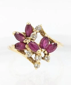 Vintage 14K Solid Yellow Gold Ruby & Diamond Cluster Open Work Cute Ring Size-6 - Picture 1 of 10