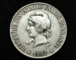 RARE 1907 BRAZIL w LIBERTY & CAP Silver OLD ANTIQUE 2000 Reis Brazil Coin. - Picture 1 of 5