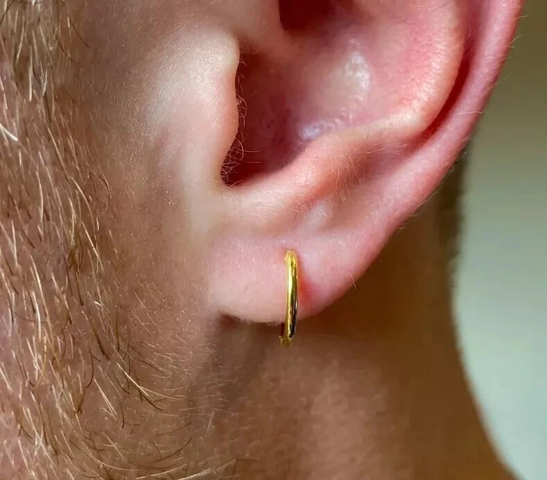 Everyday Wear Thin Solid Metal Men's Hoop Earing 14k Yellow Gold Plated Silver - Image 1 of 4