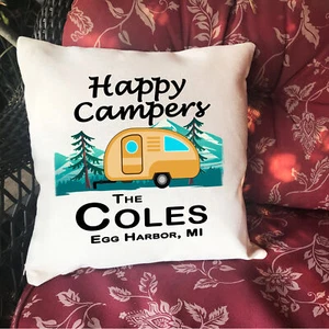 Happy Camper Custom Name Personalized Throw Pillow Case Sham Linen RV15.5x15.5in - Picture 1 of 9