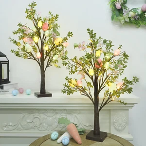 Easter Decoration Set of 2 Lighted 24 Inch Artificial Tree with Easter Eggs & Co - Picture 1 of 12