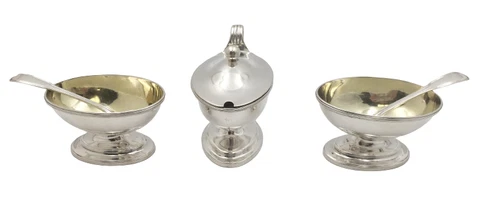 18th Century Pair of Sterling Silver Open Salts and Mustard Pot Georgian Style Cover