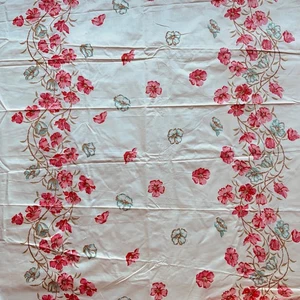 Vtg Fabric 60s Floral Print Drapery Pink Turquoise Cream Double Border 6yd As-Is - Picture 1 of 14