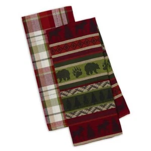 Set 2 NWT DII Red Green Tan Plaid MOUNTAIN WOODS Bear Moose Trees Kitchen TOWELS - Picture 1 of 1