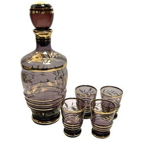 Vintage 1960s Rossini Empoli Italy Decanter Bottle and Glasses Purple Gold Glass - Picture 1 of 15
