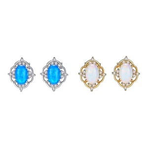Luxury Fire Opal Oval Stud Earrings 18k Gold Plated Sterling Silver 925 8x10mm - Picture 1 of 6