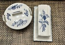 Vintage 1957 Blue Dresden Jelly Bowl With Lid And Butter Dish