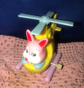 Vintage Wind Up Mechanical Pink Bunny Rabbit Yellow Helicopter - Picture 1 of 3