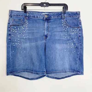 Lane Bryant denim shorts blue pearl rhinestone accent whiskering mid rise 22 - Picture 1 of 6