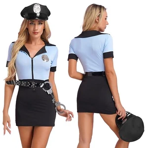 Damen Sexy Polizei Kostüm Bodycon Kleider mit Mütze Fasching Cosplay Outfits - Bild 1 von 23