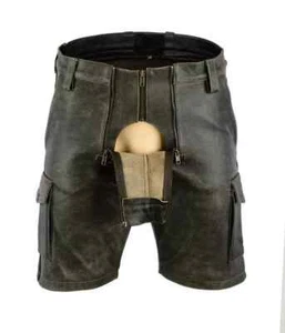 Men's Genuine Leather Cargo Shorts Biker Gothic Punk Open Zipper Clubwear Short - Picture 1 of 8