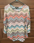 Absolutely Famous BOHO Thin Sweater Shirt Top Large coral turquoise 3/4 slv 1390
