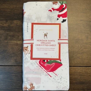 POTTERY BARN KIDS HERITAGE SANTA ORGANIC COTTON FITTED CRIB SHEET CHRISTMAS - Picture 1 of 8