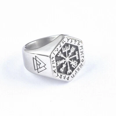 Anillo Celtic Kink de acero inoxidable para hombre anillo plateado grabado brújula ajuste cómodo Foto 1 de 4